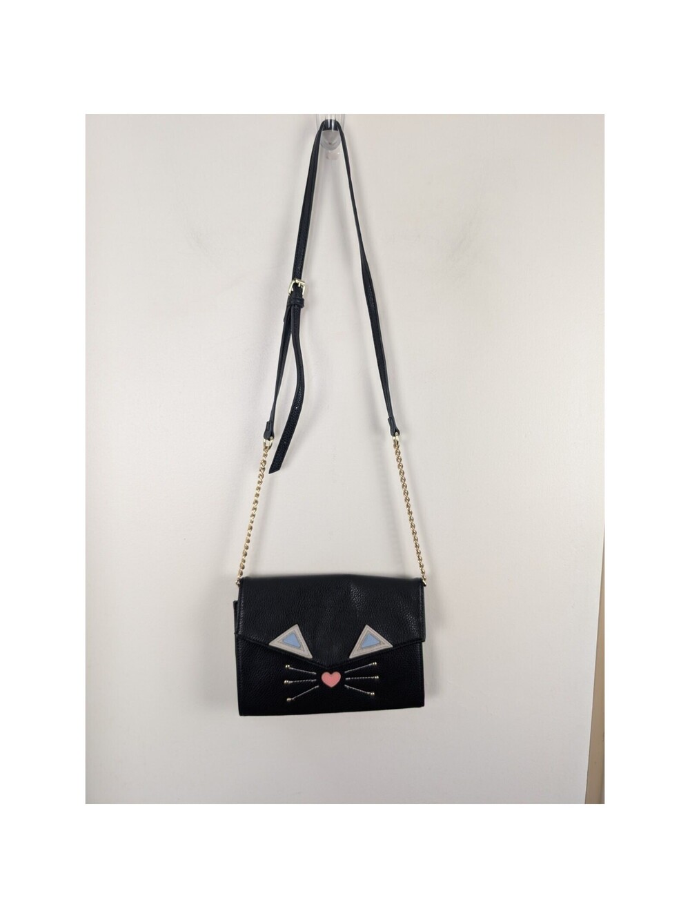 Charming Charlie Black Cat Purse Faux Leather Gold Chain Envelope Crossbody 7x9"